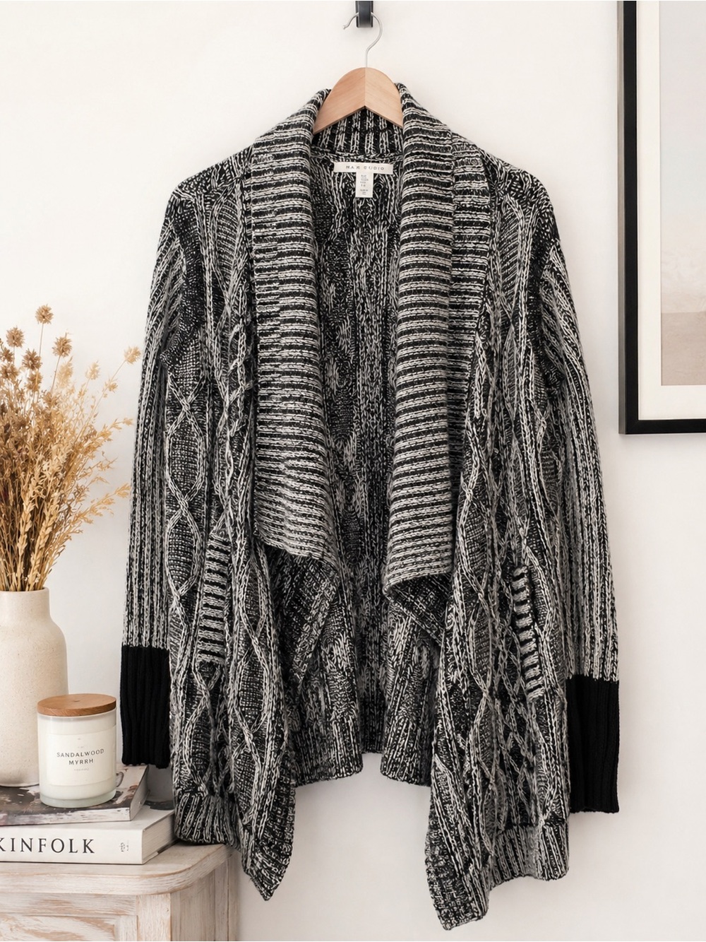 Max Studio Cable Knit Open Front Cardigan Wool Alpaca Blend M